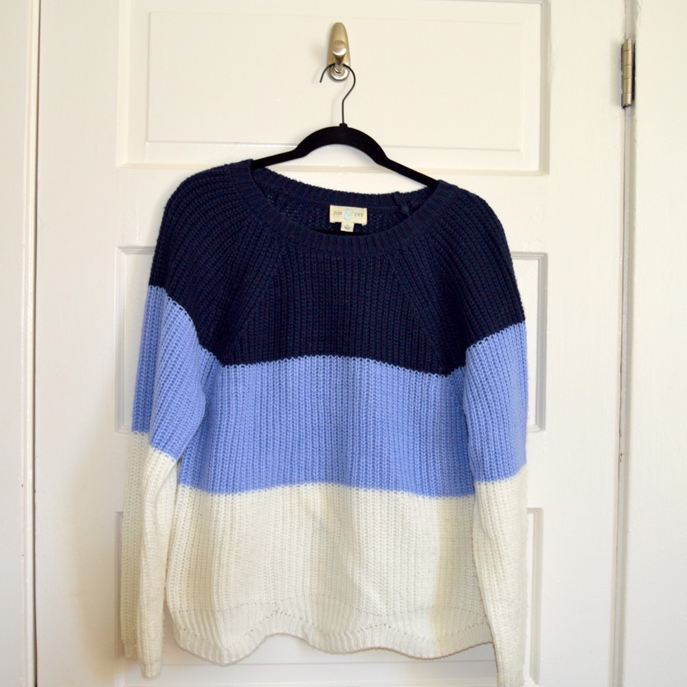 Blue and white color block sweater